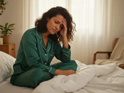 Mulher de pijama sentada na cama, com a mão na testa, expressando o desconforto de acordar com dor de cabeça.