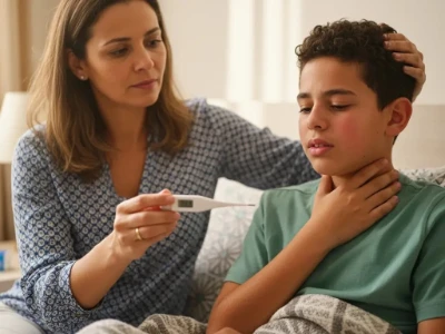 Mãe sentada na cama ao lado do filho adolescente com aparência doente, medindo sua temperatura com um termômetro digital enquanto o jovem segura a garganta.