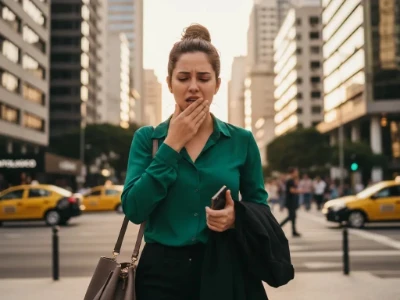 Mulher com expressão de dor leva a mão à boca, indicando uma dor de dente enquanto caminha em uma rua movimentada da cidade.