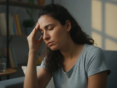Mulher com olhos fechados e a mão na têmpora, indicando desconforto por dor de cabeça tensional em ambiente doméstico.