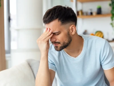 Homem está sentado em um sofá, parece sentir um forte desconforto em sua face - está tocando a testa com os dedos e tem os olhos fechados.