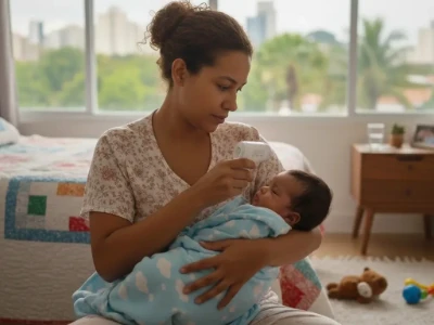 Mãe segurando o bebê no colo e medindo a temperatura com um termômetro digital na testa para verificar se há febre, um sintoma da bronquiolite.