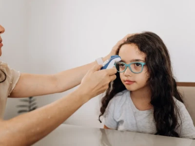 Menina está parada, esperando a mãe aferir sua temperatura, usando um termômetro infravermelho direto em sua testa.