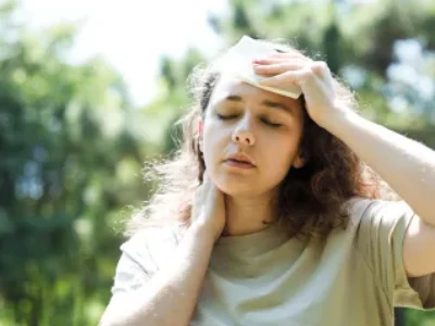 Mulher ao ar livre com um lenço na cabeça e aparência de mal-estar