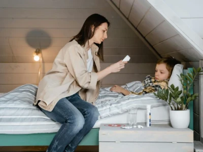 Uma mulher sentada na beira de uma cama, segurando um objeto que se assemelha a um termômetro, enquanto uma criança deitada na cama a observa. Há uma mesa de cabeceira com itens.