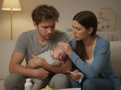 Pais preocupados medem a temperatura de seu bebê que está dormindo com febre no colo do pai.