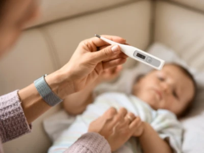 Bebê com chupeta deitado sobre sua mãe, olhando para o leitor.