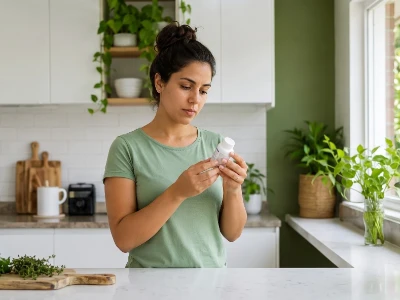 Uma mulher jovem e atenta, vestindo uma blusa verde claro, está em pé em uma cozinha iluminada por luz natural, lendo cuidadosamente o rótulo de um pequeno frasco de medicamento branco. Ela tem uma expressão focada de quem busca a escolha mais segura para a família. No fundo desfocado, armários brancos e plantas domésticas verdes complementam a paleta de cores.