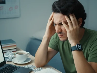 Homem sentado em frente a um notebook, com expressão de estresse e dor, segurando a cabeça com as mãos, ilustrando a dor de cabeça causada pela rotina de trabalho.