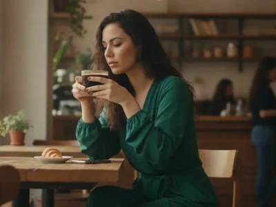 Mulher com blusa verde sentada em uma cafeteria, segurando uma xícara de café com as duas mãos e olhando pensativa para a bebida em um momento de pausa.