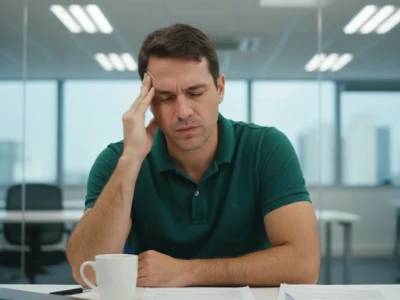 Homem sentado em uma mesa de escritório com a mão na cabeça e os olhos fechados, expressando dor de cabeça.