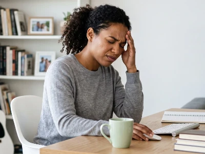 Mulher de pele morena sentada em um escritório claro, tocando o lado esquerdo da cabeça com os olhos fechados e expressão de dor. Uma caneca verde-claro está sobre a mesa de madeira.