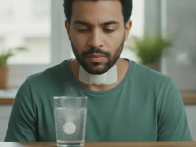 Homem com curativo no pescoço, indicando cirurgia recente, observa um comprimido efervescente se dissolvendo em um copo com água sobre a mesa.