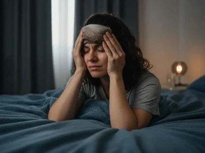 Mulher deitada na cama com expressão de sofrimento, segurando a cabeça com as mãos e usando uma compressa na testa para aliviar uma crise de enxaqueca intensa.