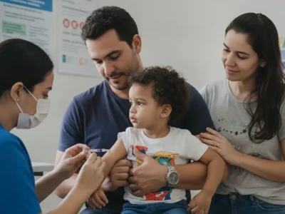 Pai e mãe confortam seu filho pequeno enquanto ele recebe uma vacina de uma enfermeira em um posto de saúde do SUS.