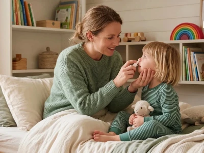 Uma mãe vestindo uma camisola de malha verde usa um spray nasal em seu filho pequeno, que veste um pijama listrado de verde e branco e segura um cordeiro de pelúcia. Eles estão sentados em uma cama aconchegante em um quarto de criança cheio de livros e brinquedos, com uma janela com vista para um jardim. A mãe sorri enquanto administra o spray.