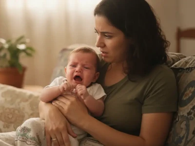 Mãe com expressão de preocupação segurando seu bebê, que chora no sofá de casa, ilustrando a ansiedade com os primeiros sinais de desconforto respiratório.