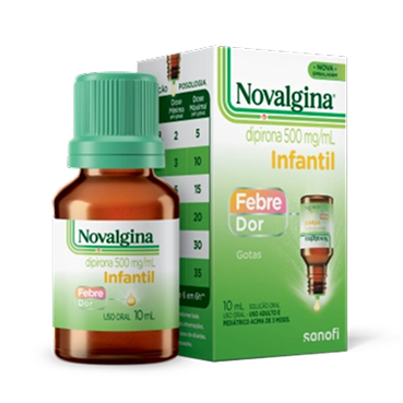 Embalagem e frasco em gotas de 10 mL de Novalgina Infantil para febre e dor.