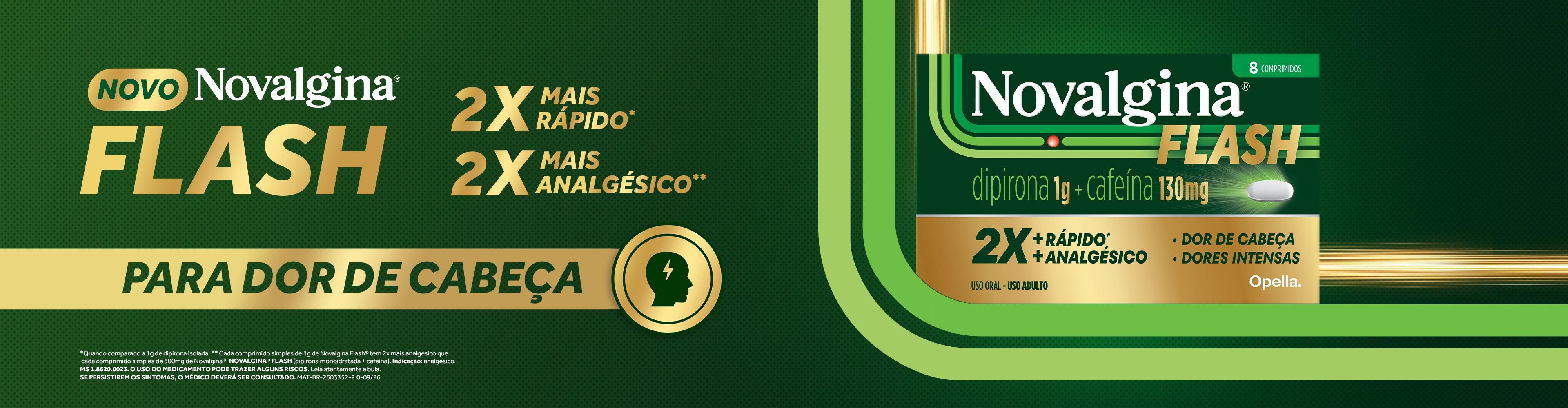 Embalagem de Novalgina® Flash dipirona 1g e cafeína 130mg ao lado do texto "Novo Novalgina® Flash para dor de cabeça. 2x mais rápido. 2x mais analgésico".
