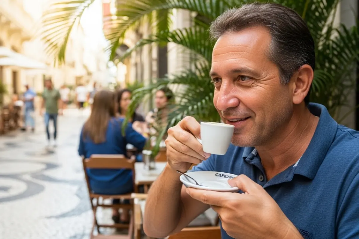 Homem sorrindo em um café ao ar livre, segurando uma xícara branca de café, com mesas, plantas e pessoas ao fundo.
