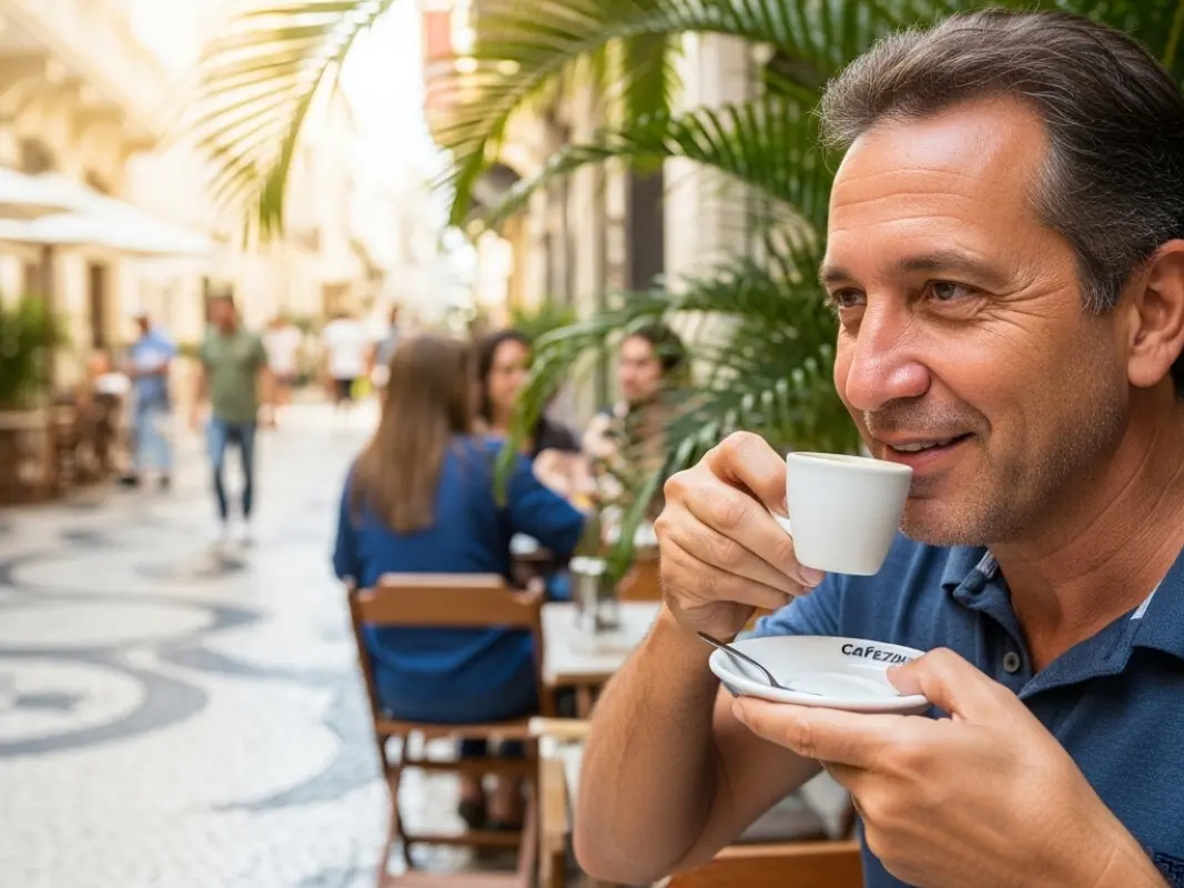 Homem sorrindo em um café ao ar livre, segurando uma xícara branca de café, com mesas, plantas e pessoas ao fundo.