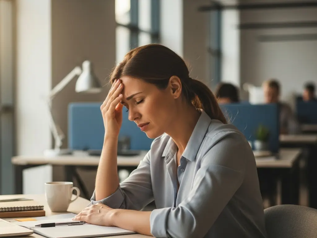 Mulher em seu escritório com a mão na testa, sofrendo com uma dor de cabeça que afeta sua produtividade no trabalho.