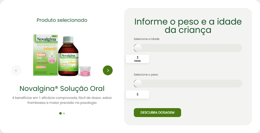 Interface da calculadora de dosagem Novalgina solicitando o peso e a idade da criança, com os cursores ajustados para 3 meses e 5 kg antes de calcular a dose.