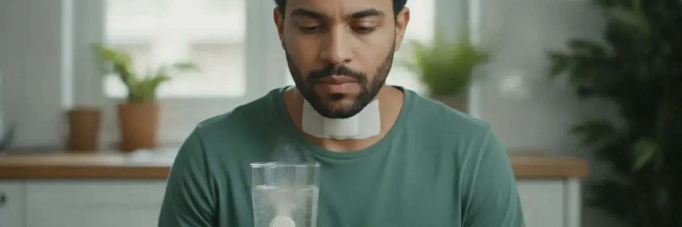 Homem com curativo no pescoço, indicando cirurgia recente, observa um comprimido efervescente se dissolvendo em um copo com água sobre a mesa.