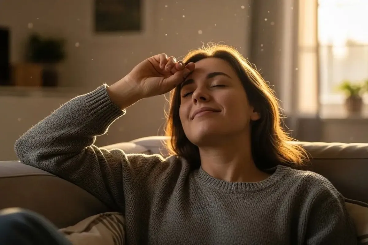 Uma mulher de blusa cinza está sentada em um sofá com os olhos fechados e a mão na testa, em uma expressão de alívio e tranquilidade.