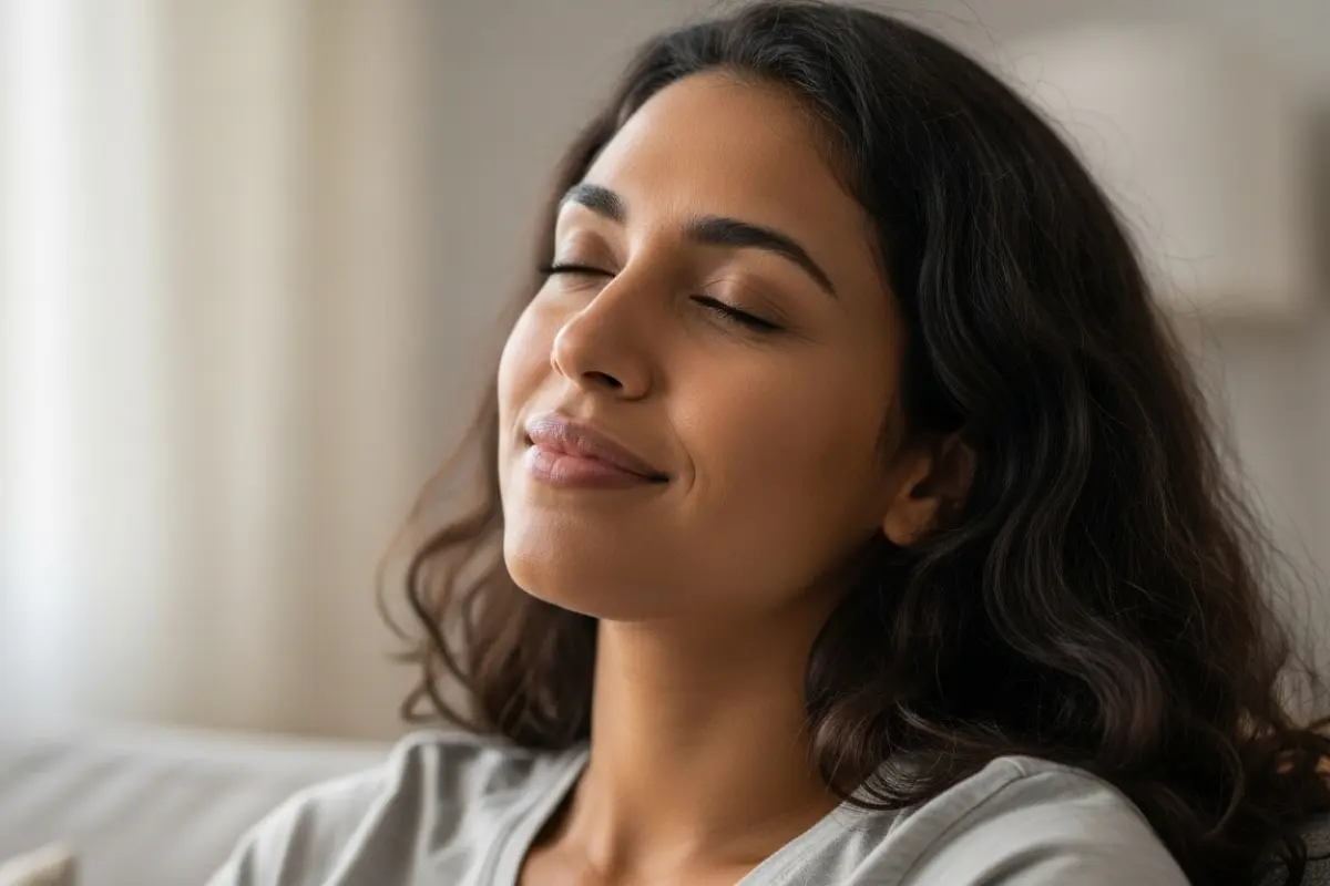 Mulher de cabelos escuros sentada em um sofá, com os olhos fechados e um sorriso leve, expressando alívio e bem-estar após o fim de uma dor de cabeça.