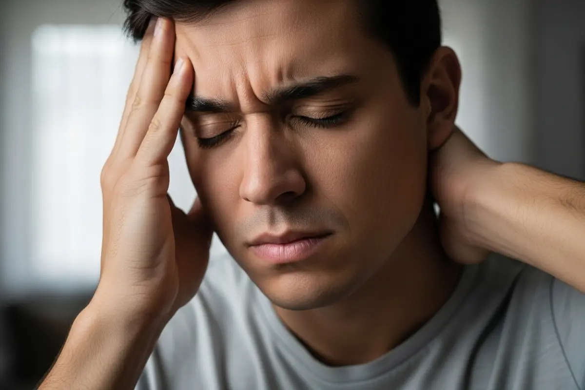 Homem jovem com os olhos fechados e expressão de dor, pressionando a têmpora com uma mão, representando um sintoma de dor de cabeça intensa.
