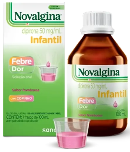 Embalagem e frasco de 100 mL de Novalgina Solução Infantil sabor framboesa, acompanhado de copinho dosador para febre e dor.