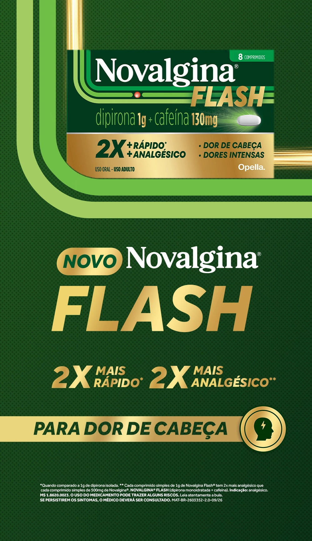 Embalagem de Novalgina® Flash dipirona 1g e cafeína 130mg ao lado do texto "Novo Novalgina® Flash para dor de cabeça. 2x mais rápido. 2x mais analgésico". 