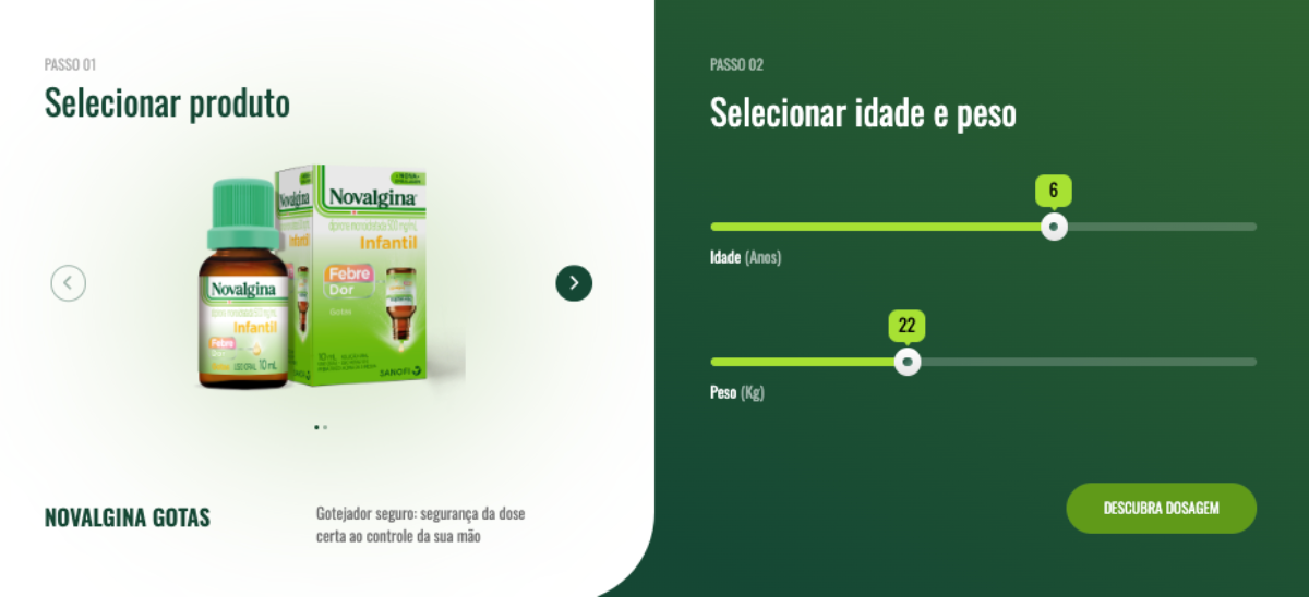 Imagem da calculadora de dosagem de Novalgina, mostrando ajustes de idade e peso.