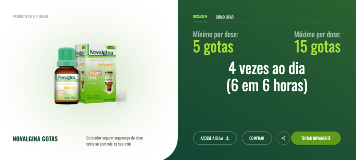Imagem da calculadora de dosagem de Novalgina, mostrando a resposta.