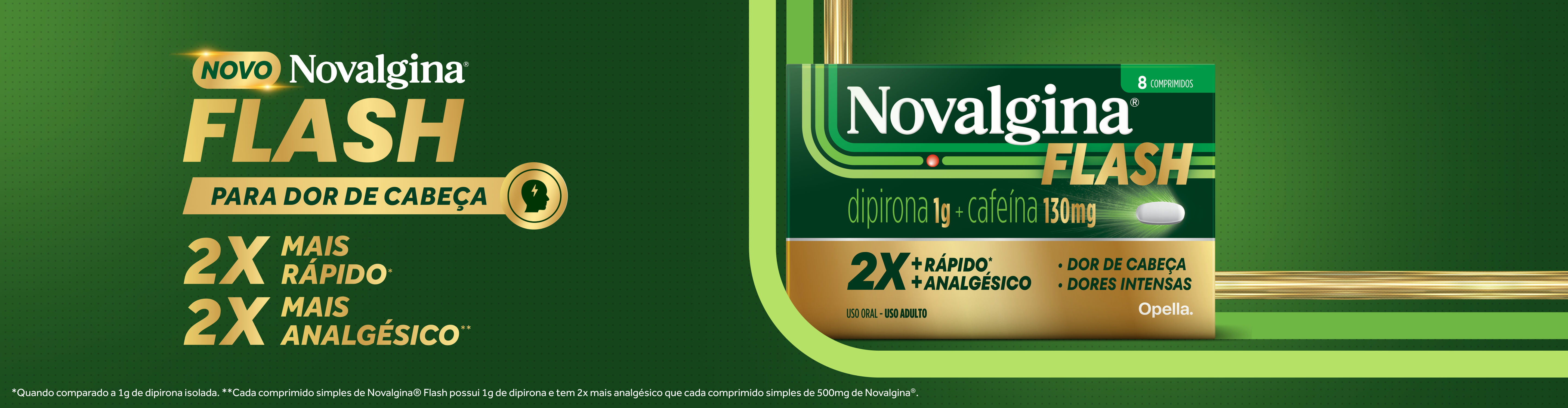Embalagem de Novalgina® Flash dipirona 1g e cafeína 130mg ao lado do texto "Novo Novalgina® Flash para dor de cabeça. 2x mais rápido. 2x mais analgésico". 