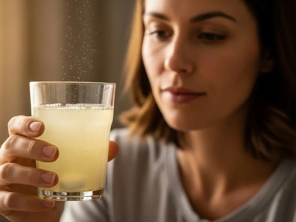 Uma mulher olha para um copo de vidro que segura, contendo Novalgina Efervescente já dissolvida, pronta para o consumo.
