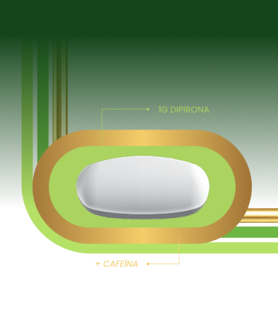 Comprimido Novalgina® Flash indicando 1g de dipirona sobre fundo verde e cafeína sobre fundo dourado.