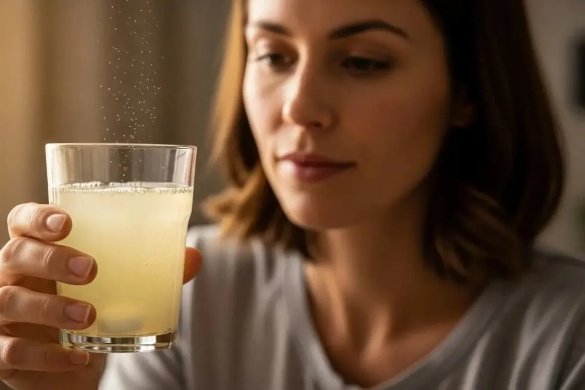 Uma mulher olha para um copo de vidro que segura, contendo Novalgina Efervescente já dissolvida, pronta para o consumo.