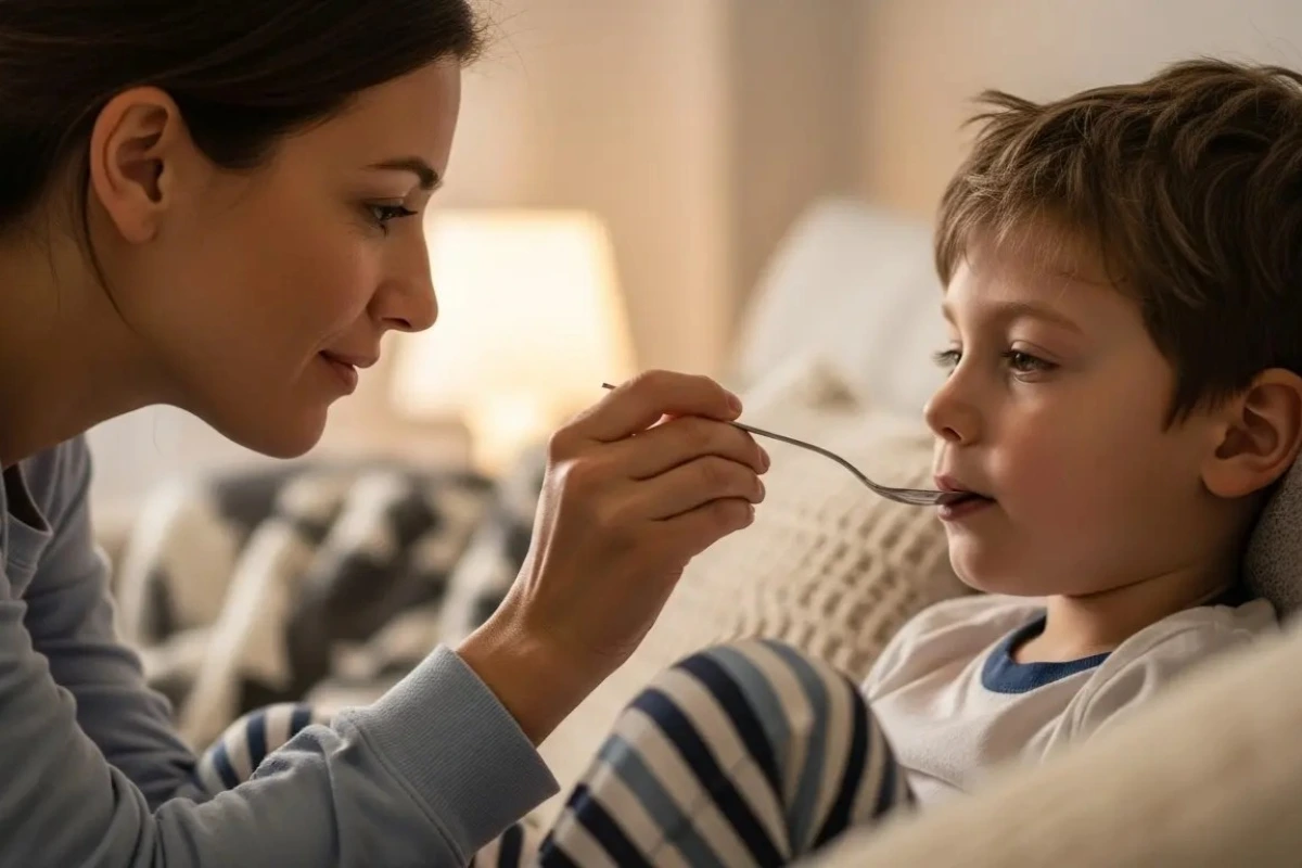 Mãe cuidadosa oferece remédio de colher para seu filho doente, que está sentado no sofá, para aliviar os sintomas da febre.